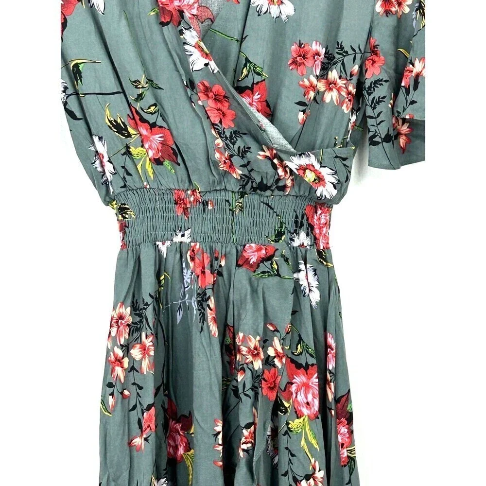 New KorMei Women M Maxi Dress Blue V Neck Short Sleeve Floral High Low Flowy R - Picture 5 of 13